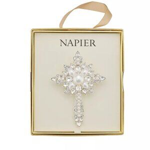 Napier Silver Tone Simulated Crystal & Simulated Pearl Elevated Cross Pin